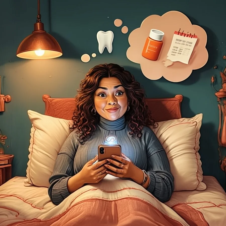 A white woman in her thirties with brown hair lies awake in bed at night, holding her glowing phone in both hands on top of the blanket, a soft thought bubble above her holding a tooth, a pill bottle and a calendar page.