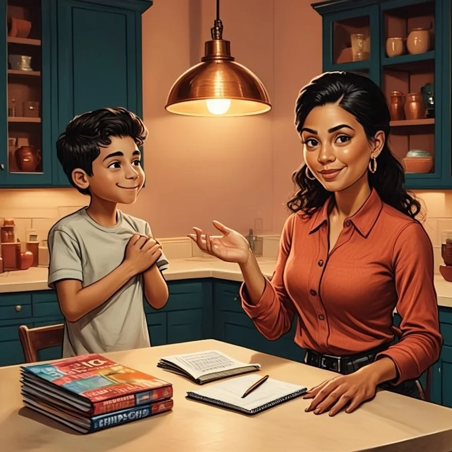 A Latina woman in her thirties with a dark bob stands at a kitchen island beside her tall teenage son, about 16, with a stack of college brochures and a paper notebook between them.