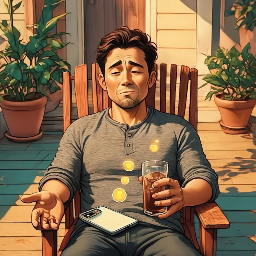 A white man in his thirties with sunglasses pushed up on his head sits in a porch chair with an iced tea, his phone buzzing with small call bubbles floating above it.