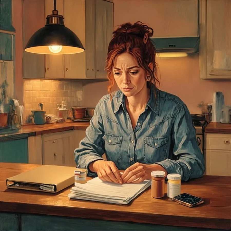 A white woman in her thirties with auburn hair in a claw clip stands at a kitchen counter sorting a stack of hospital papers beside three pill bottles, a folder and her phone.