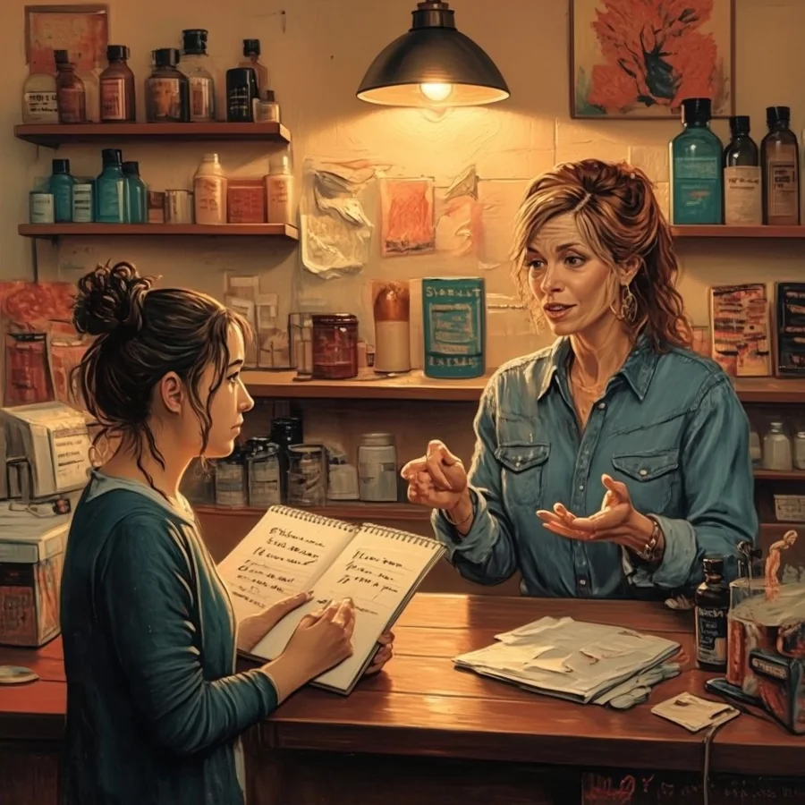A white business owner in her thirties with highlighted chestnut hair stands behind the counter of her small shop mid-explanation to a new employee, a grown woman in her late twenties, who holds a notebook full of questions.