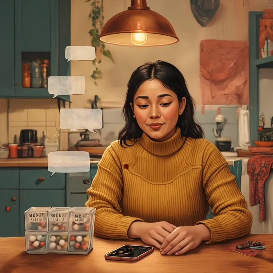 An East Asian woman in her thirties sits at a kitchen table beside a plain weekly pill organizer, her phone buzzing with blank message bubbles floating up from it.