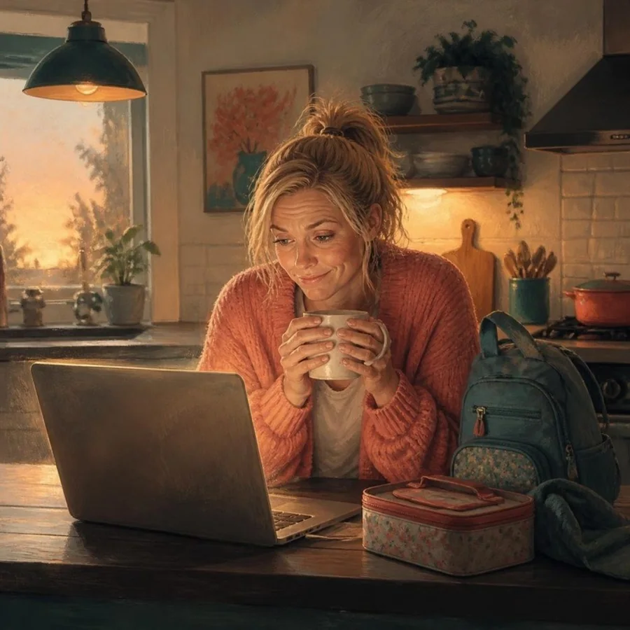 A woman in her late thirties at a kitchen counter at dawn, laptop glowing, a mug in both hands beside a school backpack.