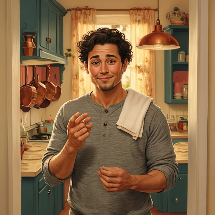 A fit white man in his thirties with thick wavy brown hair, clean-shaven, stands in a kitchen doorway, one hand raised mid-thought, looking around the room, gently amused at himself for forgetting why he walked in.