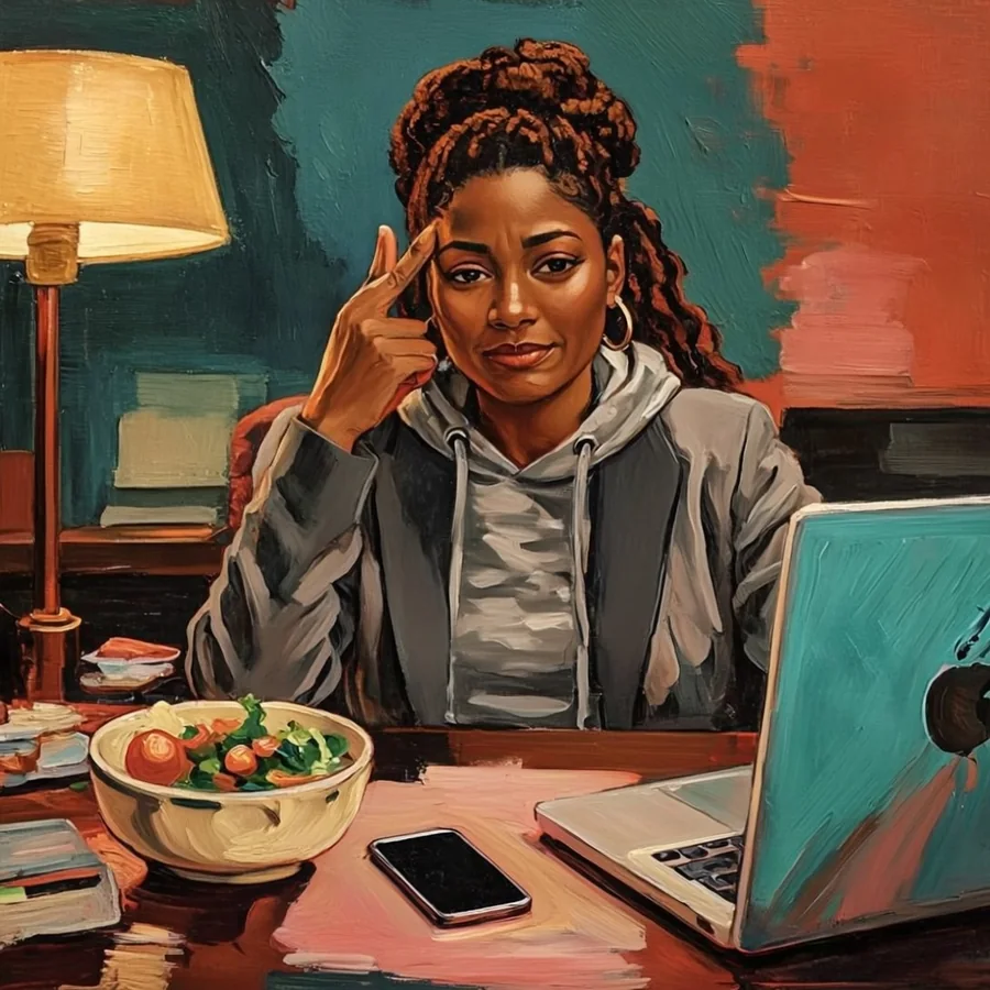 A Black professional woman in her thirties in a blazer sits at her office desk on her lunch break, phone on speaker on the desk, a half-eaten salad, rubbing her temple.
