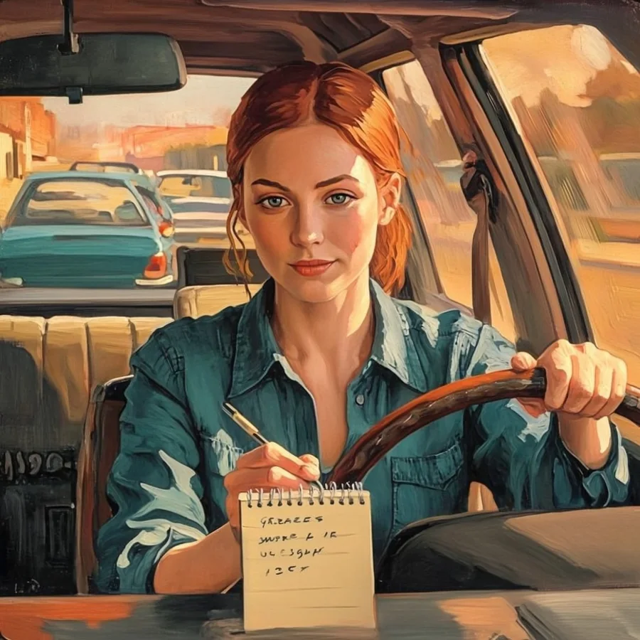 A white woman in her thirties with red hair sits in the driver's seat in a school pickup line, writing a grocery list on a notepad against the steering wheel, a line of cars ahead in afternoon sun.