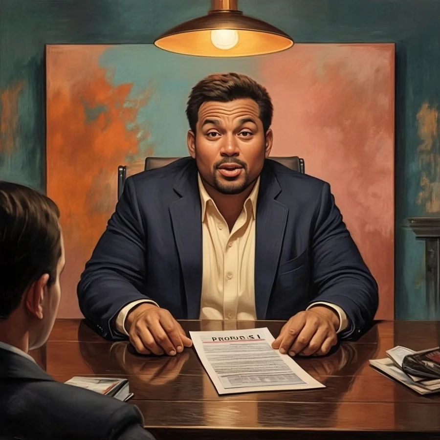 A Black man in his thirties with a close beard sits at a client meeting table, frozen mid-sentence, a proposal on the table between him and a client seen from behind.