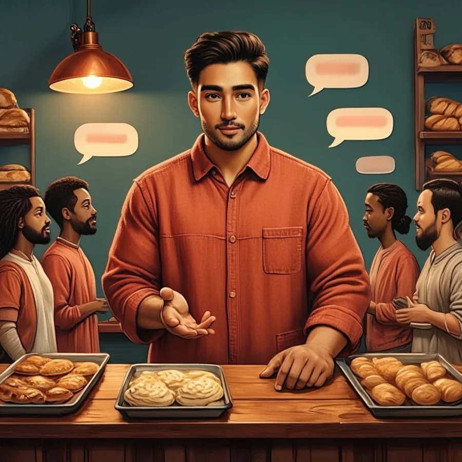 A Middle Eastern man in his thirties with a trimmed dark beard stands behind a bakery counter answering a customer, while several customers wait in line, each with an identical small speech bubble shape above them.