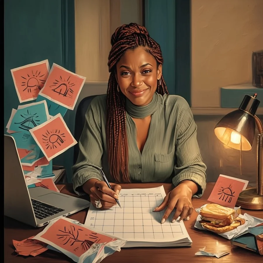 A woman in her thirties with long braids sits at her office desk at lunch with a sandwich, colorful flyers and a blank calendar grid, pen in hand.