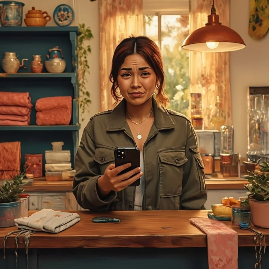 A Korean American woman in her thirties stands behind the counter of her small boutique, phone in hand, staring at a blank glowing screen, products on shelves behind her.